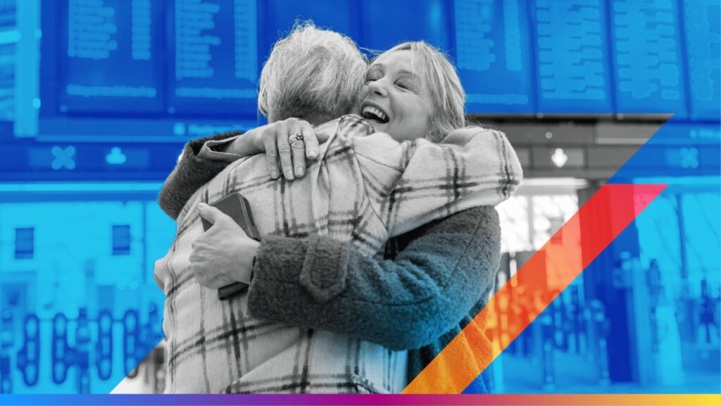 Image of two people hugging at an airport to promote the AI travel e-book