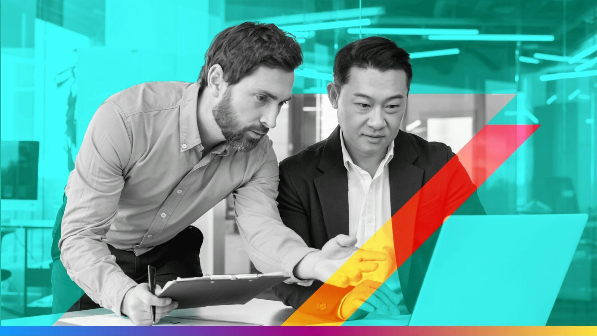 two people pointing at a computer with a teal background - used to promote the Forrester AI Marketing Hubs report