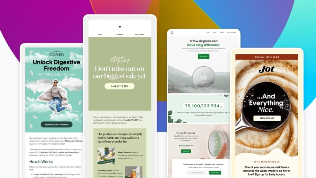 Graphic showing examples of email design trend = softness.