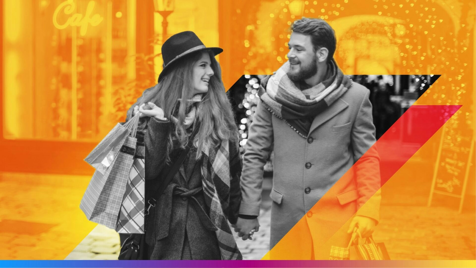 two people walking looking at each other with orange background